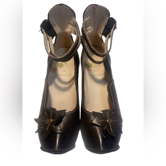 NWT Rovers Black leather Court Ballerina appliqué kitten Coachella heel 36/37 - Picture 2 of 5